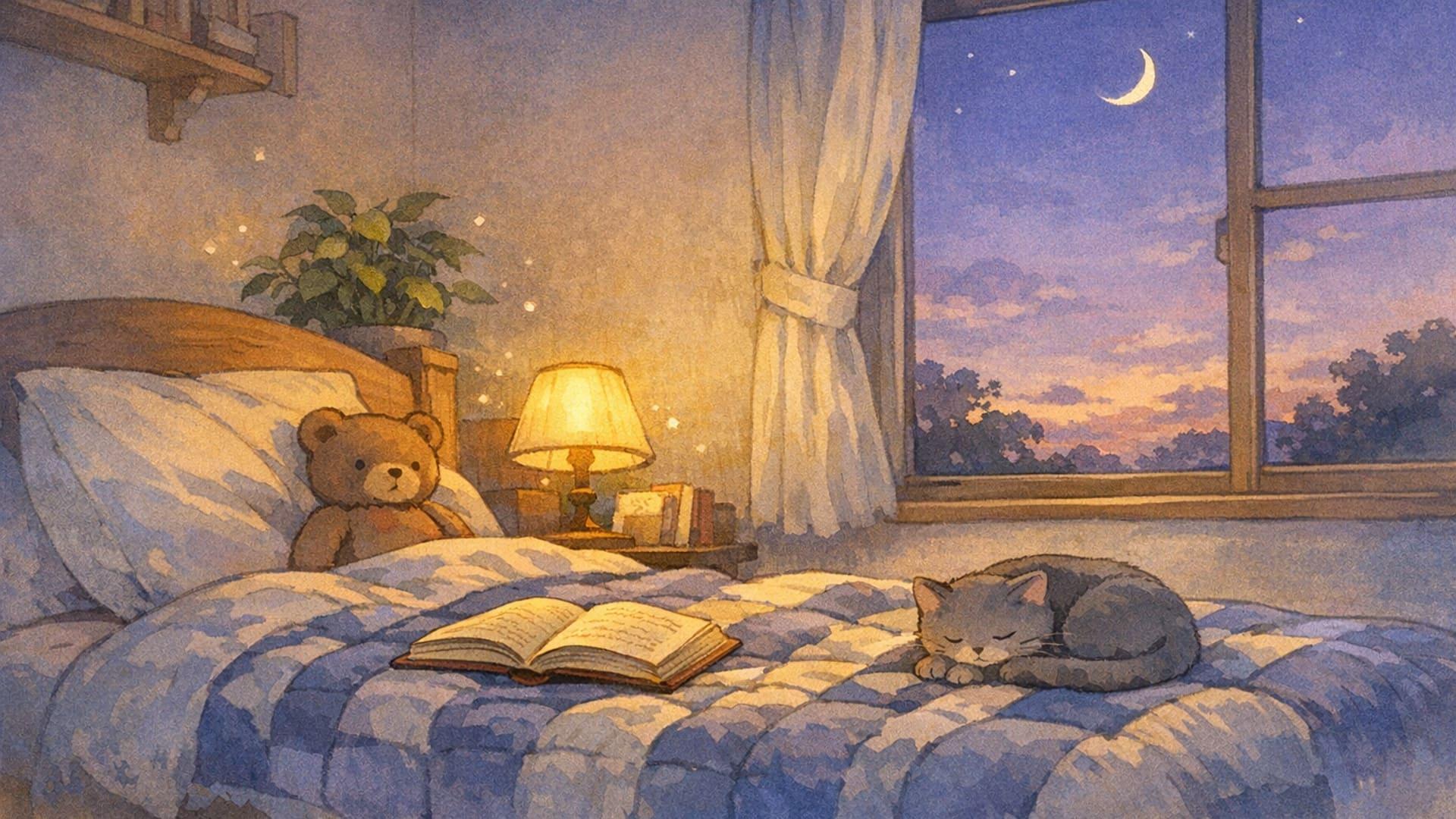 A peaceful bedroom at dusk with a soft reading lamp glowing over an open storybook on a child's bed — Anime style