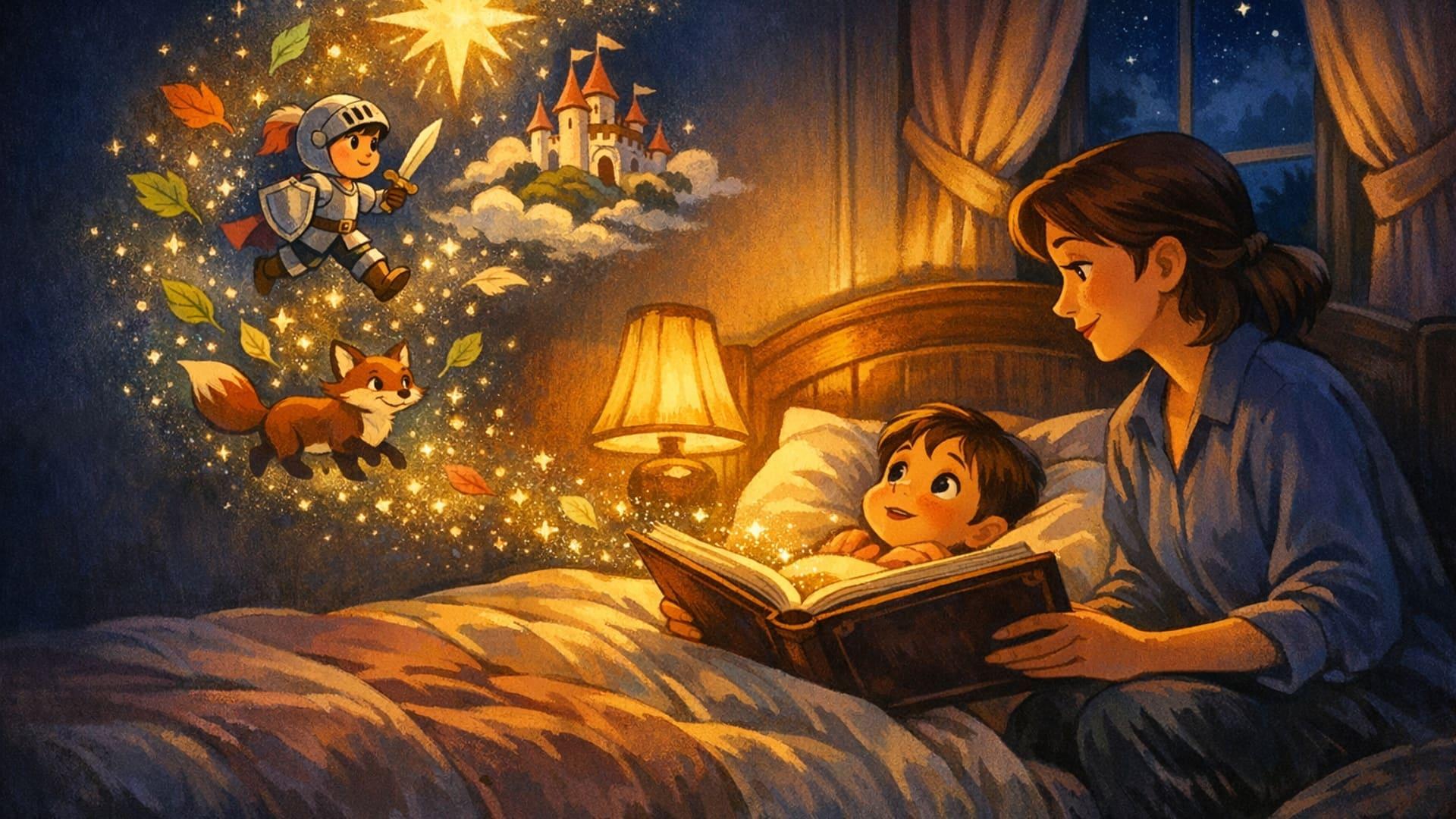 A parent reading a personalized storybook to their child by a warm nightlight — classic Fairy Tale style 2D illustration