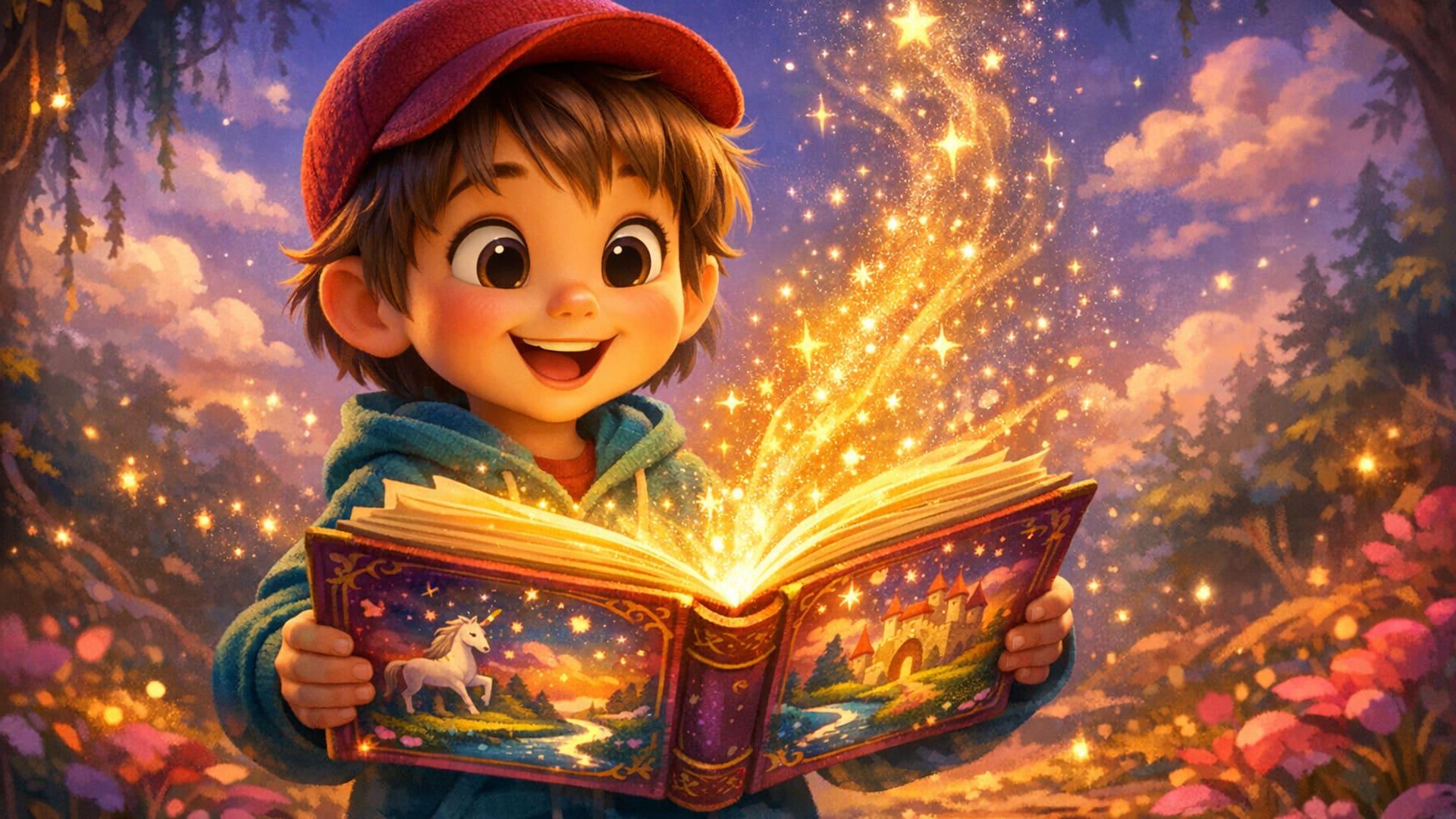 A magical open storybook with AI-generated illustrations coming to life β dreamy watercolor style