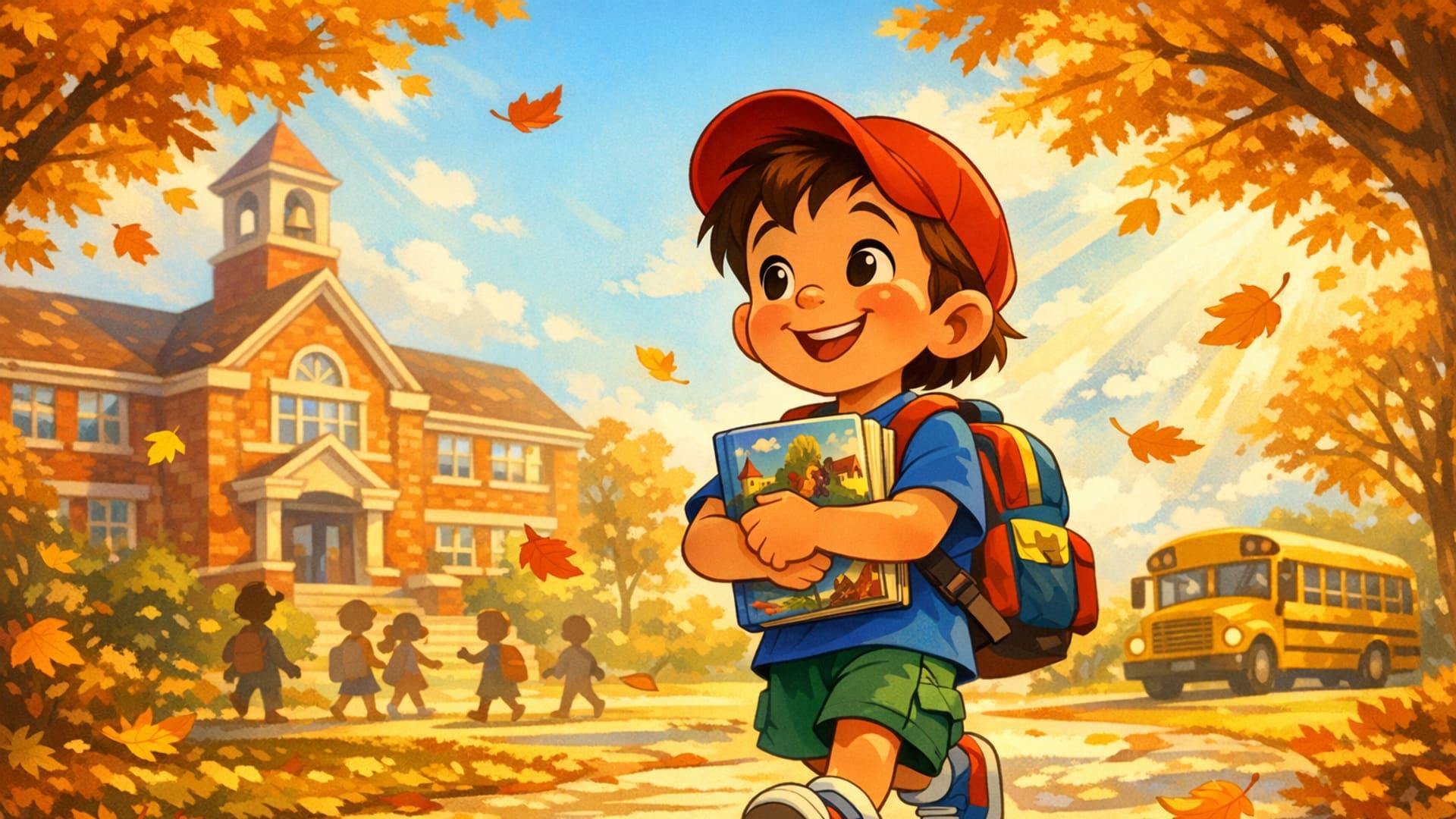 A child holding a backpack and a personalized storybook on the first day of school β Fairy Tale style illustration
