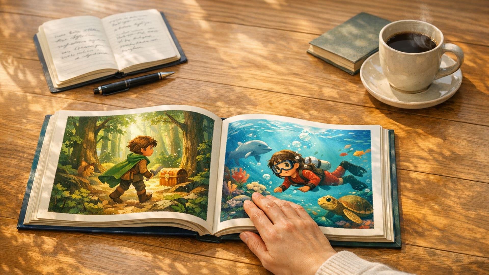Two open hardcover personalized children's books on a wooden table, a parent's hand comparing them β overhead realistic photo style