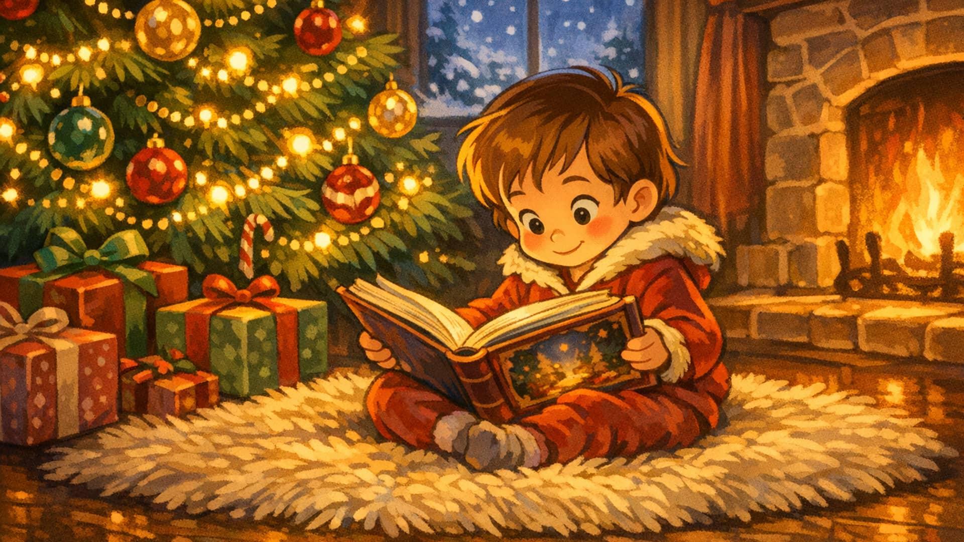 A child reading a personalized Christmas storybook by a Christmas tree β Fairy Tale style illustration